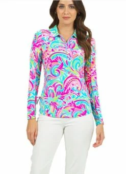 IBKUL Women's Print Adjustable Long Sleeve Zip Polo